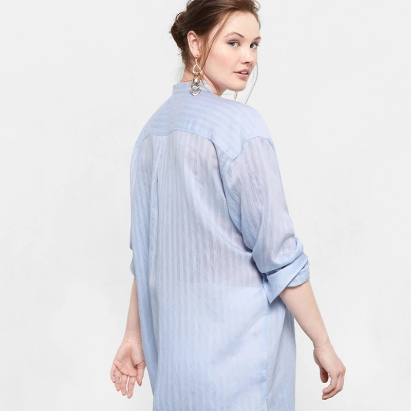 Kissmilk Women Plus Size Semi Sheer Button Down Shirt Dress Long Sleeve Stripe Turn Collar Big Loose Dress|shirt dress long|dresses big sizescollar |