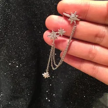 Одиночная Элегантные серьги-манжеты с ушками милые Асимметричные CZ цепь со звездами кисточкой серебряные серьги-гвоздики для женщин