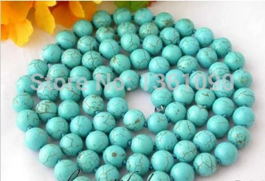 

000516 NICE 34" 10mm round nature blue turquoise bead necklace AAA