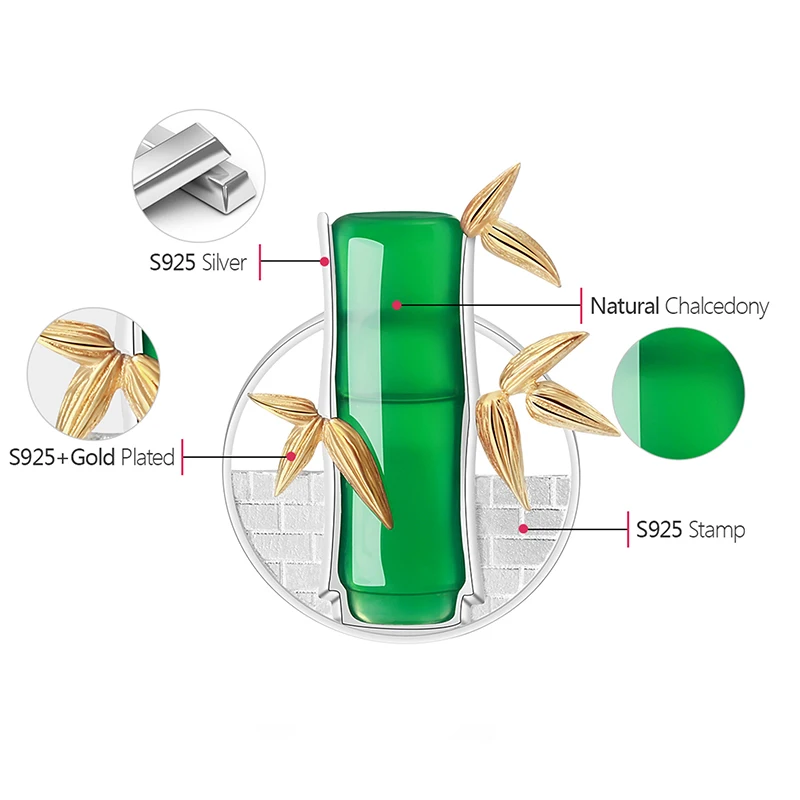 Свежие и Характер Бамбука Прикалывать Брошь Ручной Работы Этнические Украшения Новые Подлинная Стерлингового Серебра 925 Ювелирные Зеленый Хризопраз Джейд