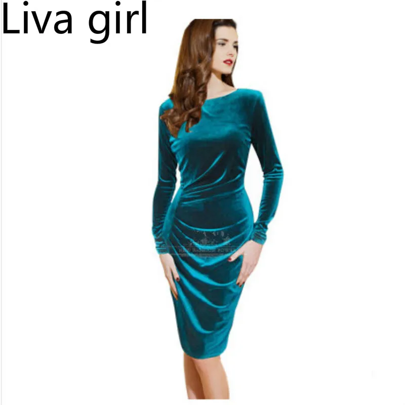 [Liva girl] плюс размер длинный рукав vestidos тонкий золотой бархат бедра Бандажное
