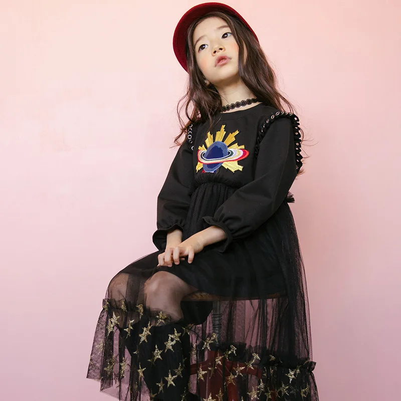 

Black Dress For Girls Autumn Winter Warm Kids Clothes Fashion Embroidery Children Lace Patchwork Long Dress Teen Girls Clothing