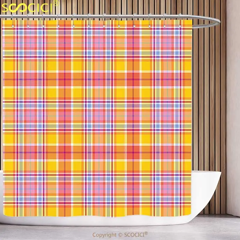 

Waterproof Shower Curtain Abstract Madras Style Tartan Motif with Vivid Tone Bands Old Design Marigold Pink Earth Yellow