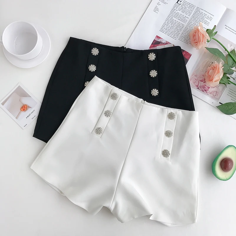 

2019 Summer Women Diamonds Double-Breasted Shorts High Waist Back Zipper Straight Shorts Casual Pocket Wide-leg Solid Shorts