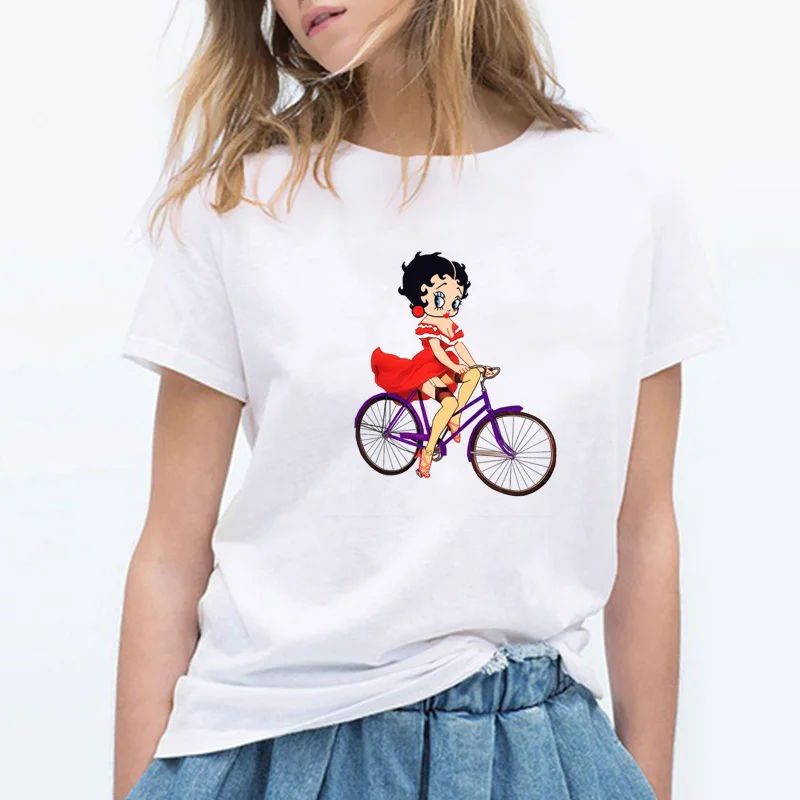 

Betty Boop ride a bike Personality Harajuku printed women T-shirt Print Women Tshirt Casual Funny Shirt For Lady White Top Tee