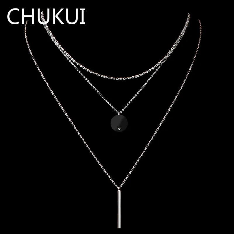 

CHUKUI Fashion Three Layers Necklace For Women Silver Rose Gold Tone Stainless Steel Bar Pendant Necklaces CZ Circle Jewelry