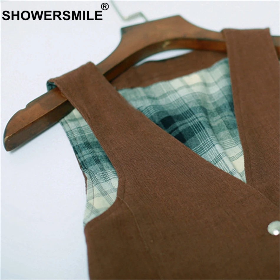 SHOWERSMILE, винтажный льняной жилет, Женский коричневый жилет, короткие куртки, женский, лето, Осень, приталенный, английский стиль, без рукавов, жилет