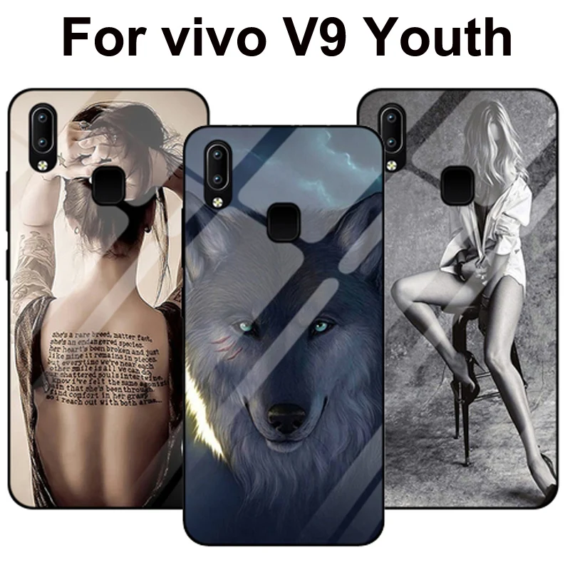 

6.3" Coque For vivo V9 Youth case wolf girl style Tempered Glass Silicone Frame Glass Hard Cover V 9 V9 Youth shell Cases