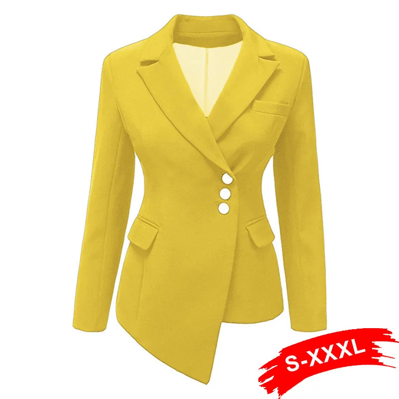 

Women Plus Size Chi Asymmetric Short Yellow Blazer 3XL 2XL Autumn Spring Elegant Irregular Long Sleeve Office Lady Wear Tops