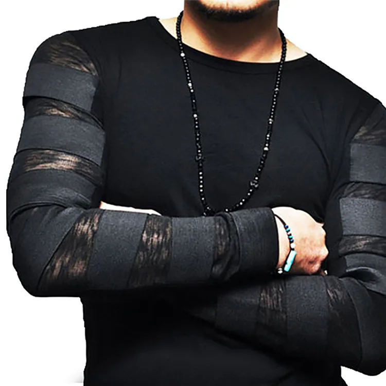 Rusanranz New Spring New 2018 Irregular Dovetail Extend Causal Men T shirt Mesh Hollow Patchwork