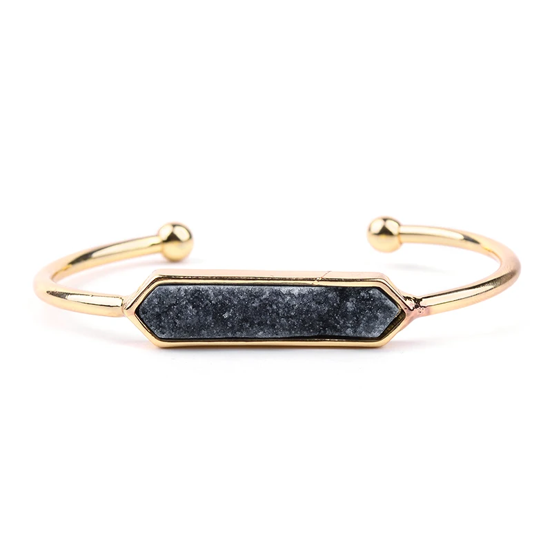 BOJIU дизайн натуральный Druzy камень золотые браслеты для ношения поверх рукава женские Boho Белый Розовый Фиолетовый Синий Зеленый Drusy браслеты и браслеты BR034 - Окраска металла: 7-Gold Black 2