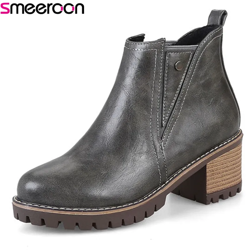 

Smeeroon slip on round toe ankle boots for women autumn winter boots platform shoes high heels women boots big size 33-43