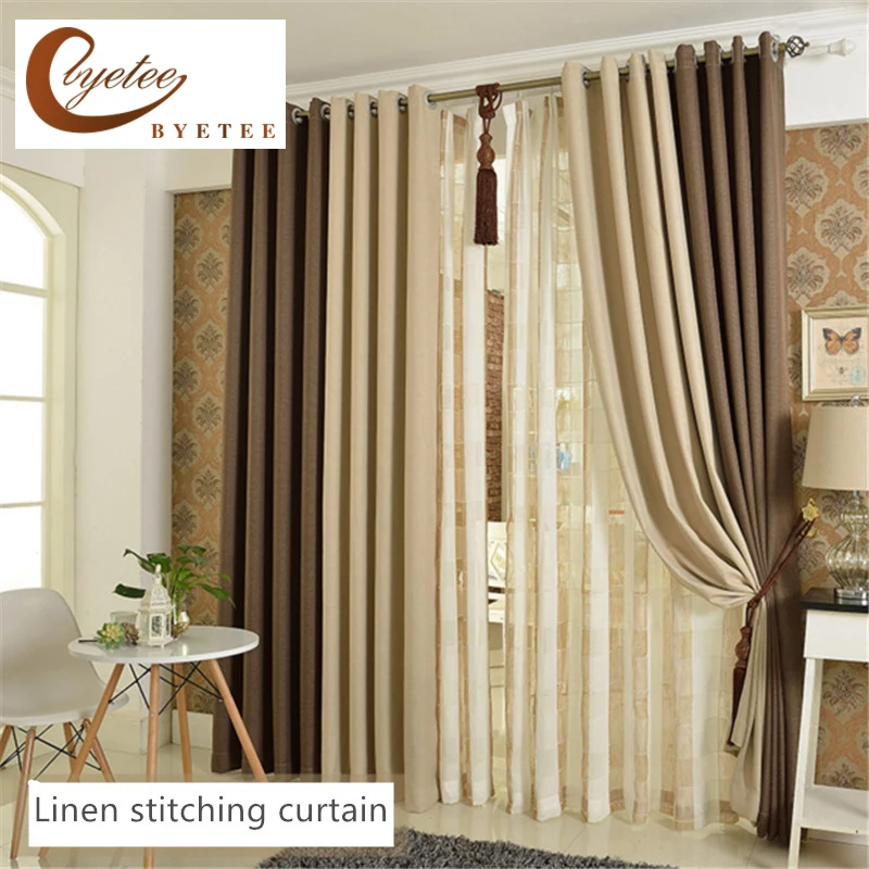 Window Curtains Blackout Faux Linen Curtains for Living Room Bedroom Cortinas de cocina Beige Coffee Stitching Made