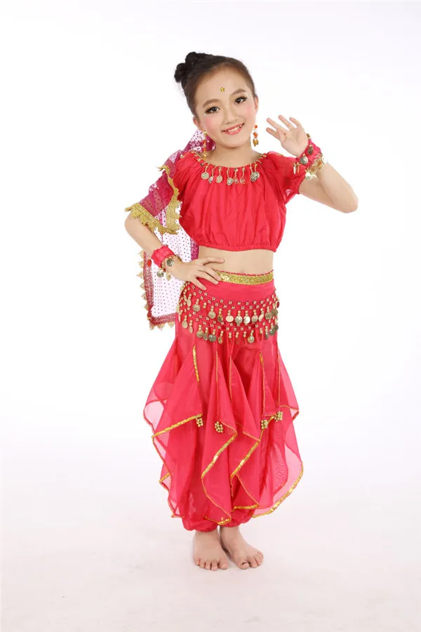 6 цветов живота детские танцевальные костюмы стиль ребенок танец живота девушки Болливуд индийский представление ткань платье 6 шт./компл - Цвет: Rose Red