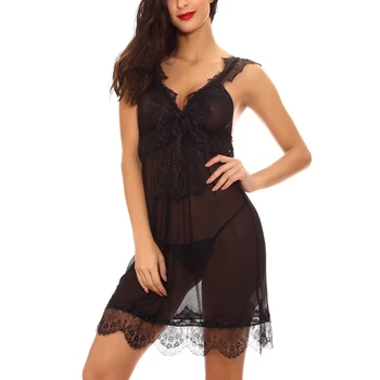 

Sexy Suspender Nightgowns Eyelash Lace Summer Sleepwear V-Neck Patchwork Sleeveless Nightdress