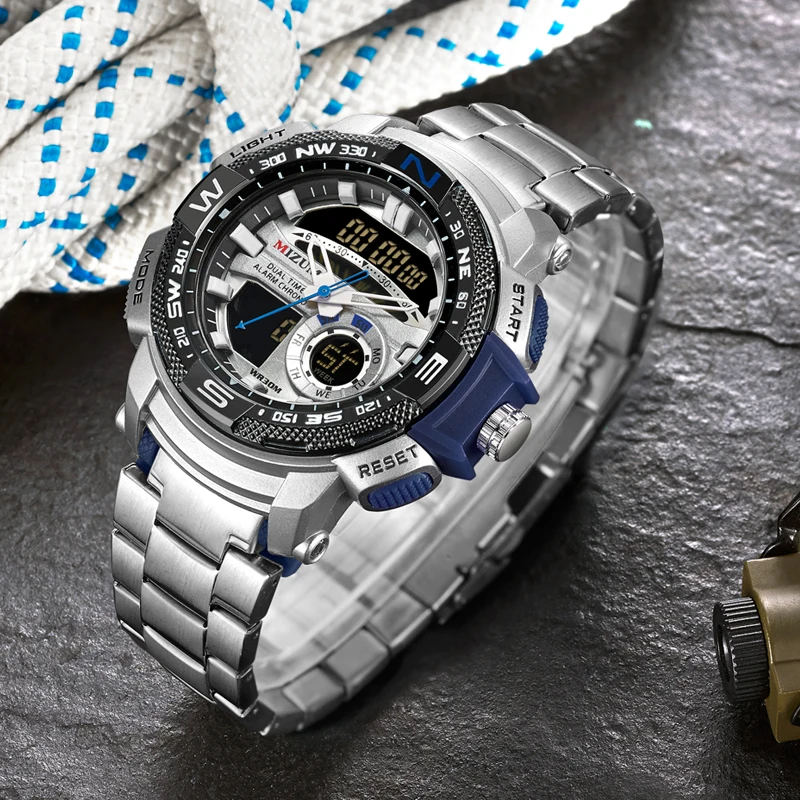 Роскошный бренд Mizums часы Мужские кварцевые мужские s наручные часы водонепроницаемые 2 раза будильник электрические цифровые спортивные мужские часы relogios