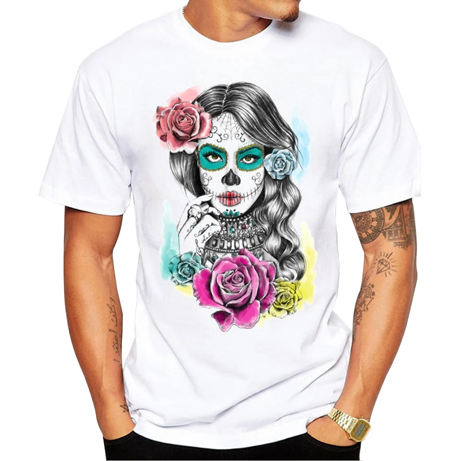 

2018 Men's Fashion Aaliyah Day of the Dead T-Shirt Short Sleeve Round Neck Tops Hipster Flower Skull Printed T Shirts