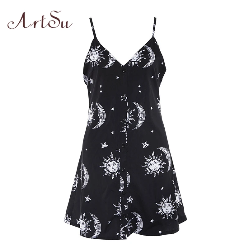 

ArtSu Summer Dress 2019 Sun Moon Vintage V neck Dress Mini Sexy Boho Ladies Dresses Black Off Shoulder Sundress Short ASDR21826