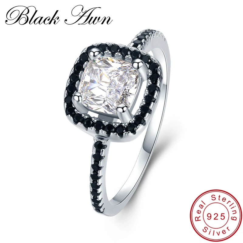 [BLACK AWN] 3.1g Genuine 925 Sterling Silver Jewelry Row Black Stone Engagement Rings for Women Square Zircon Wedding C435 | Украшения и