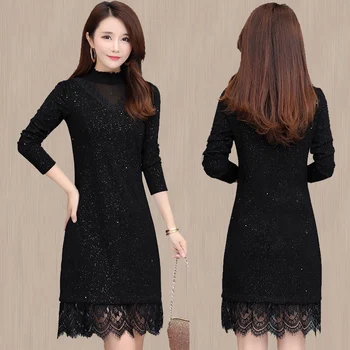 

Spring Fall Fashion Womens Ruffles Stand Collar Long Sleeve Lace Patchwork Slim Black Dress , Autumn Women 5xl Glitters Dress