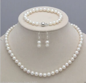 

.430 7-8mm White Freshwater Genuine Pearl Necklace Bracelet Earrings Set 18"