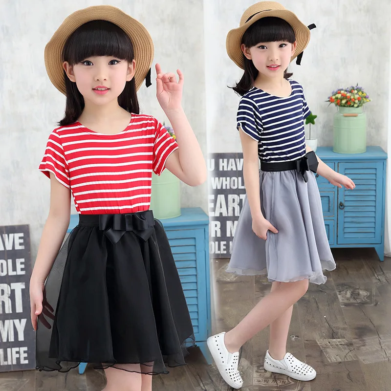 

Girl Striped Dress 2019 New Korean version of The Big kids little girl skirt princess skirt tide