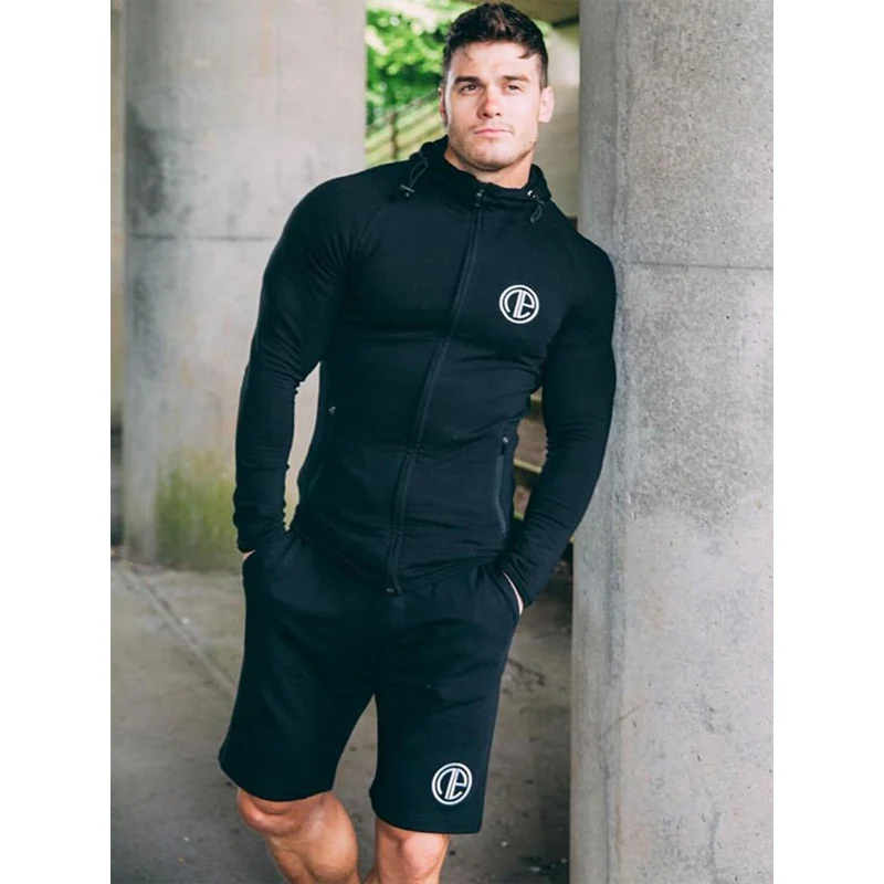 Summer Men's Sets Long Sleeve Zipper Tops+Shorts Two Pieces Sets Casual Tracksuit Male 2019 Muscle Gyms Fitness trousers men