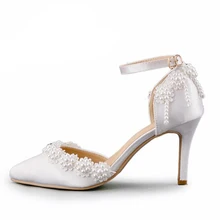 Wedding Sandals Red Satin Middle Heel Sexy Bridal Dress Shoes Pearl Buckle Strap Women Pumps Pointed Toe Party Prom Shoes