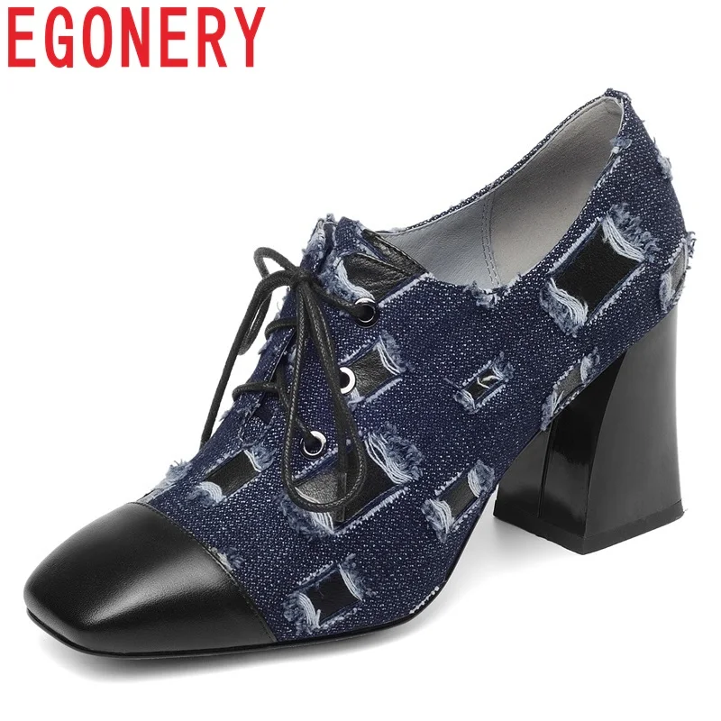 

EGONERY spring new fashion sexy women pumps square toe cross-tied 7.5 cm square heels high quality genuine leather shoes women