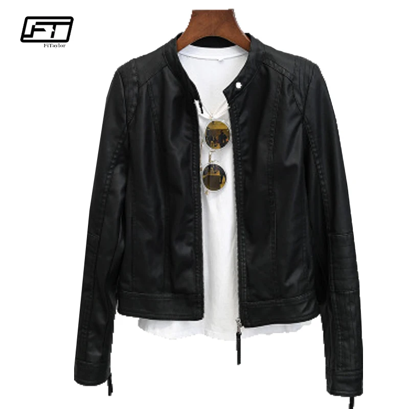

Fitaylor 2018 Spring Autumn Moto & Biker Jacket Women Mandarin Collar Long Sleeve Zipper Casual Motorcycle Leather Jacket Female