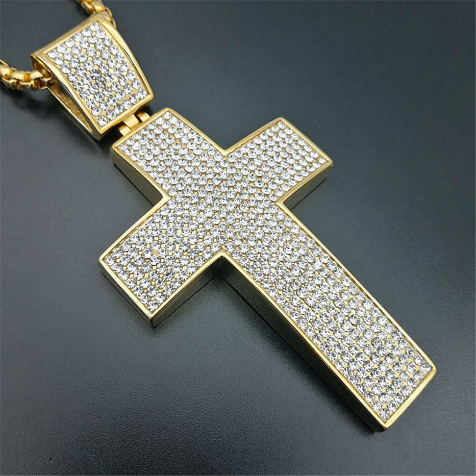 Ожерелье в стиле хип-хоп с большим крестом, подвеска из нержавеющей стали и золотого цвета, христианское ожерелье, Религиозные ювелирные изделия