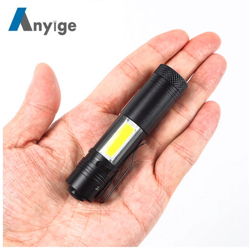 

ANYIGE 2018 New mini Portable Aluminum Q5 LED Flashlight COB Work Light lanterna Powerful Pen Torch Lamp 4 Modes Use 14500 orAA