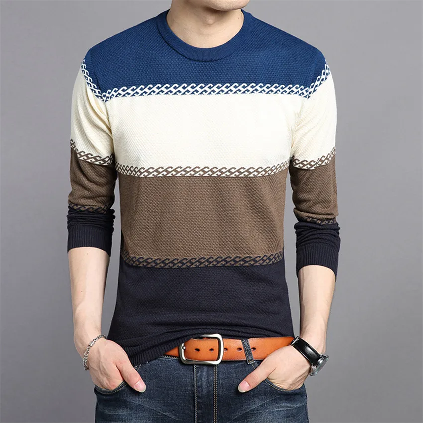 

Fashionable mass casual pure cotton men sweater high quality young men sweater men with multi-stripe pullover men large size