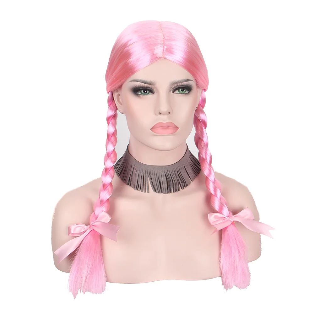 Anxin Long Pink straight cosplay wig women's synthetic hair with double
