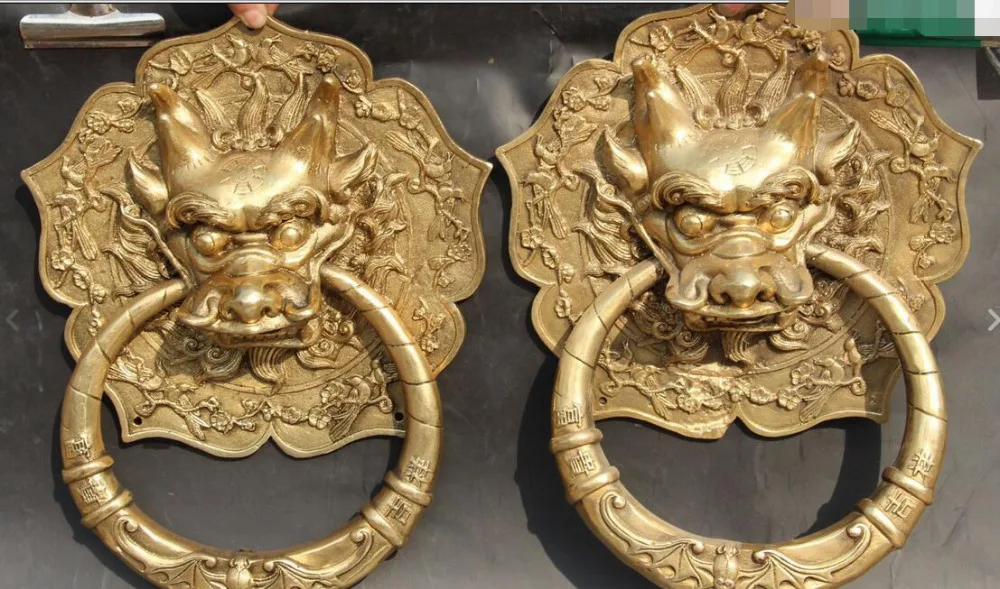 

12" Chinese Feng shui Bronze Bixie Bat Dragon Head Knocker Door Knockers Pair