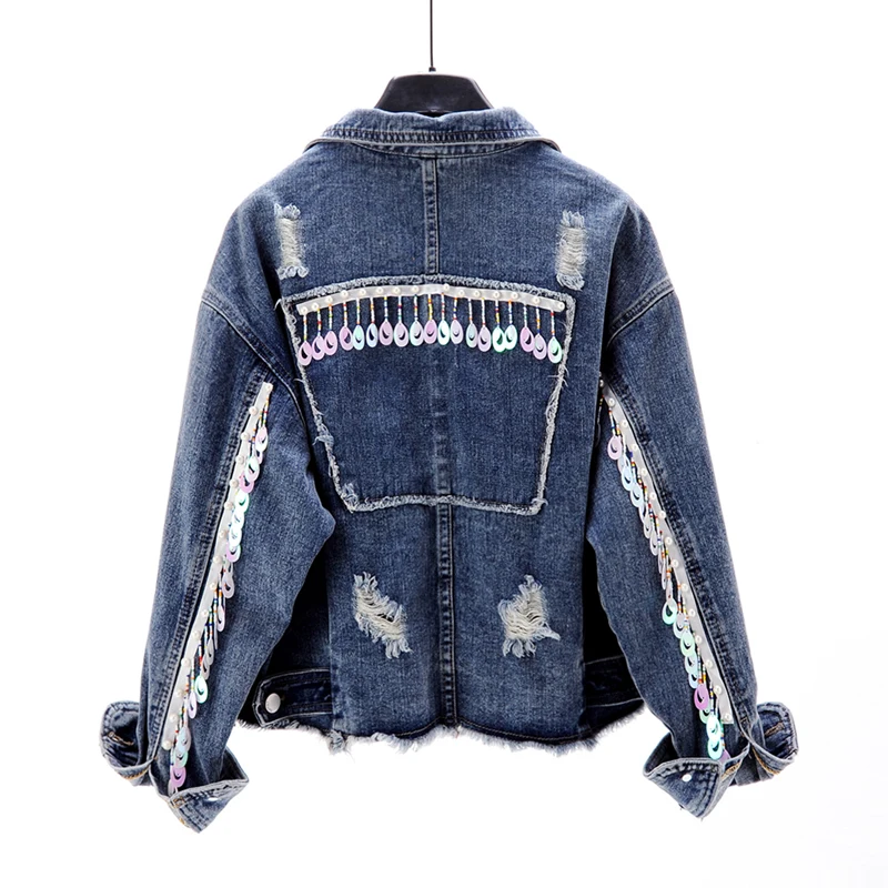 2019 en najaar nieuwe Koreaanse vfashion kralen kwastje gat lange mouwen denim jacket vrouwen korte losse jean jas 1921