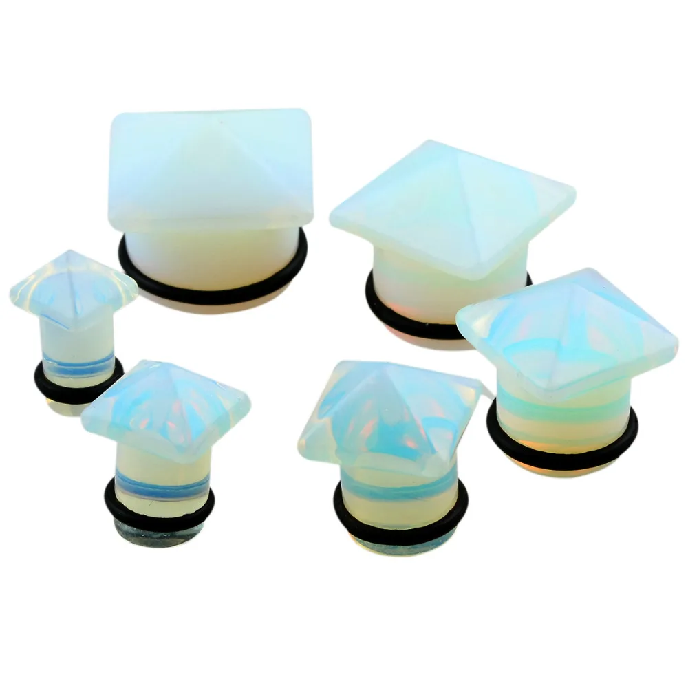 

TUMBEELLUWA 1Pc Opal Opalite Stone Pyramid Organic Ear Plugs Tunnels Piercing Ear Expanders Jewelry