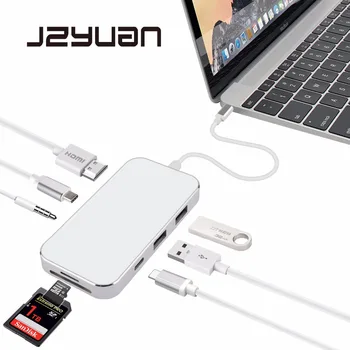 

JZYuan 8-in-1 USB-C Type C 3.1 Hub to Type C PD 3.5mm Audio 4K Video HDMI USB 3.0 SD/TF Card Reader Hub Splitter For Macbook