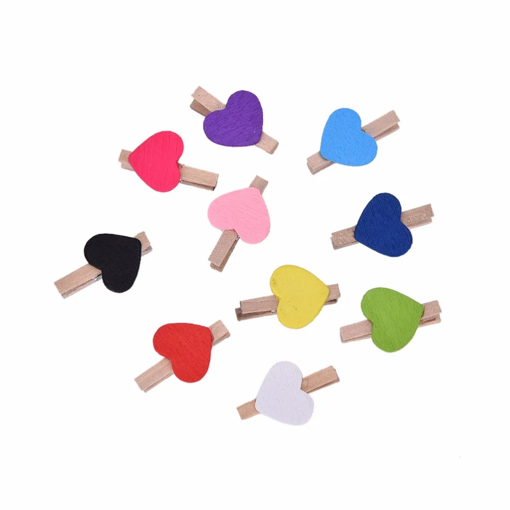 10PCS Mini Hearts Wooden Memo Clips Multi Color Cute Heart Pegs Photo Clips Xmas Wedding Party Decor