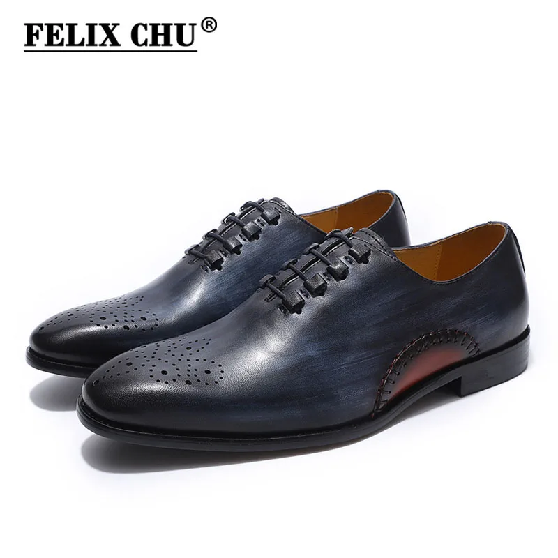 

High Quality Hand Painted Genuine Leather Mens Dress Shoes Brown Black Blue Brogue Oxfords Office Work Men's Formal Shoes