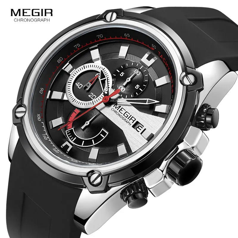MEGIR мужские спортивные часы военные армейские силиконовые хронограф с ремешком кварцевые мужские наручные часы Relogios Masculino 2086 серебристый черный