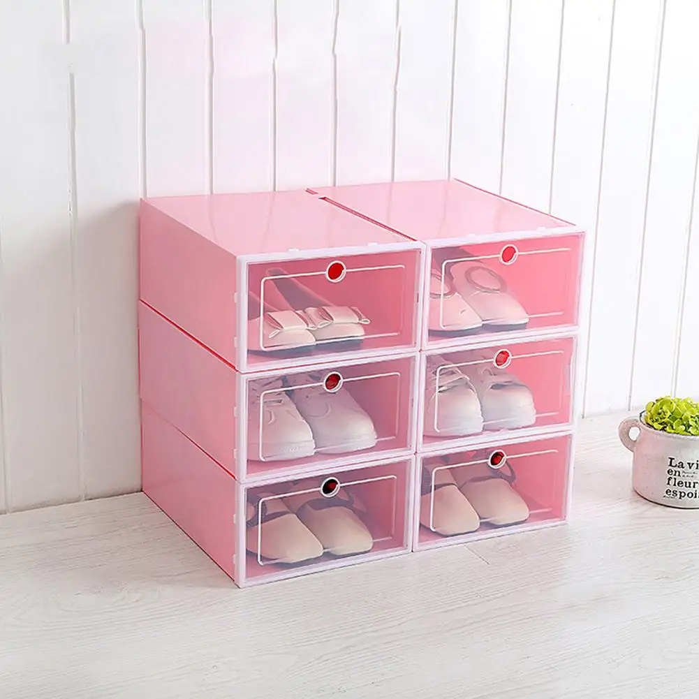 6 multi-function clamshell storage boxes color transparent plastic shoe box unisex home storage products - Цвет: pink large