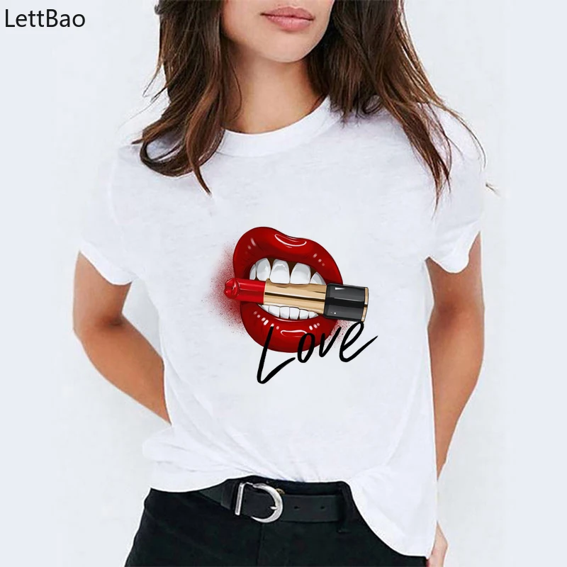 

Sexy red lips Teeth whitening love lipstick flowers print vogue t shirt women 100% cotton karl t-shirt femme plus size tumblr