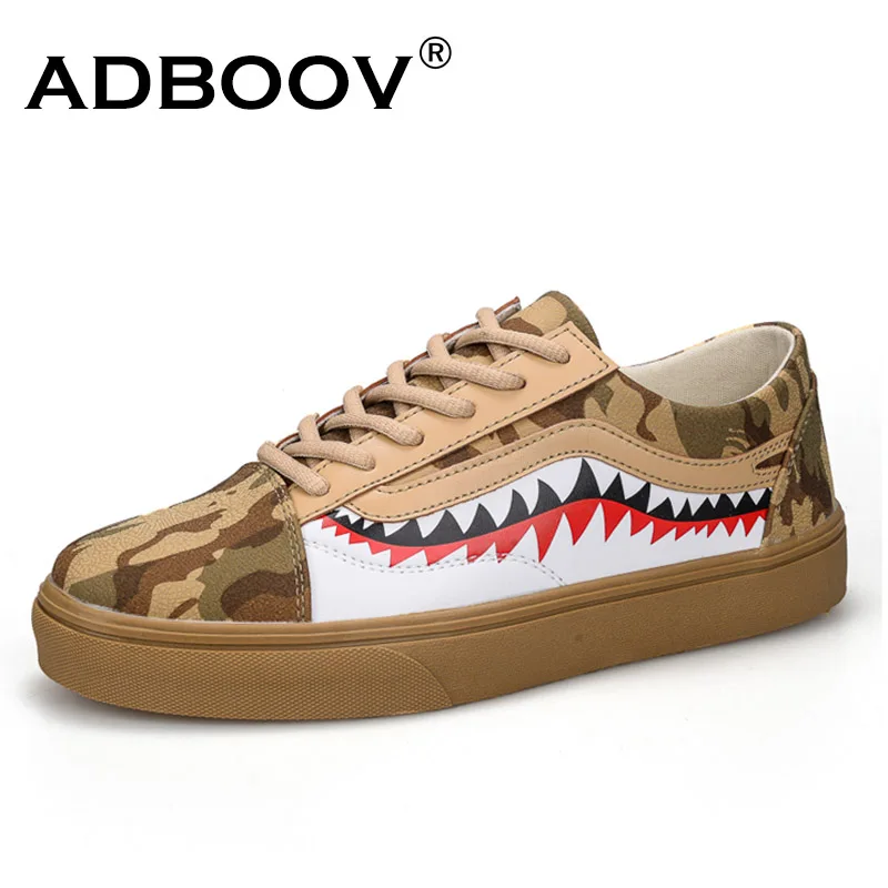 ADBOOV Fashion Camo Sneakers Men Hip Hop Shark Low-top Skateboarding Shoes Lace-up Street Leather Casual Shoes Flats  