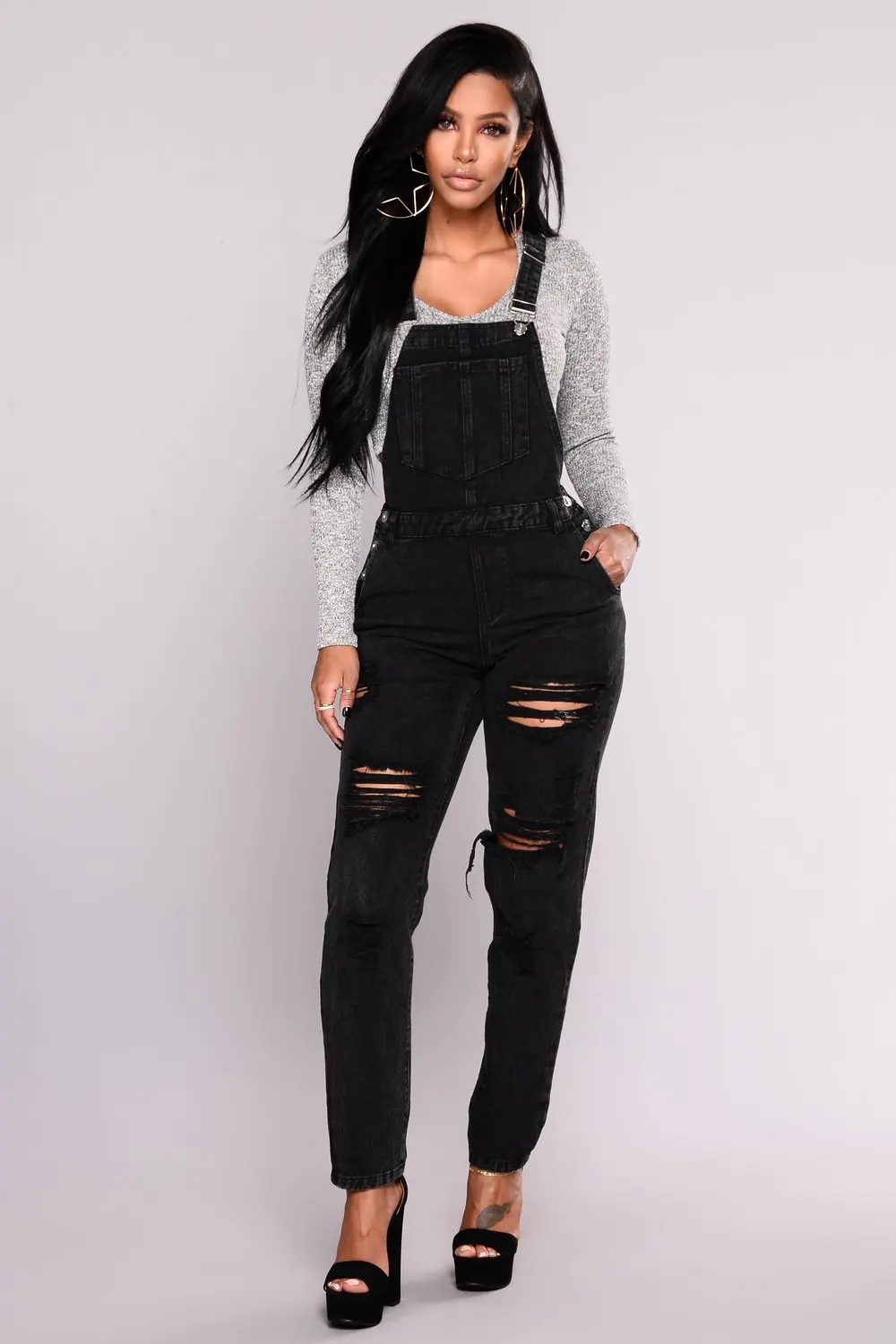 

QMGOOD 2019 Black Jeans Women Fashion Street Style Women's Overalls Stretch Ripped Jeans for Women High Waist Jumpsuits Female