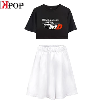 

Lnlitial D Fashion two Piece sets Skirts Sets Short Sleeve+Short Skirt Harajuku comfortable Summer Street Casual Women Set Navel