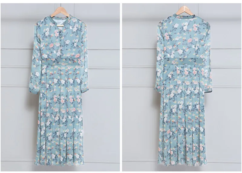 Hong Kong style весеннее Новое корейское тонкое шифоновое платье с длинными рукавами и цветочным принтом