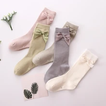 Girls' Ribbon Bow Tie Knee-Highs Socks Children's Seamless Cotton Long Knee Highs Spring Socks for Kids Girls Baby Socks 2-8Y
