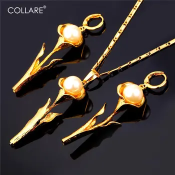 

Collare Simulated Pearl Jewelry Sets For Women Gold/Silver Color Wholesale Rose Flower Earrings Necklace Sets S334