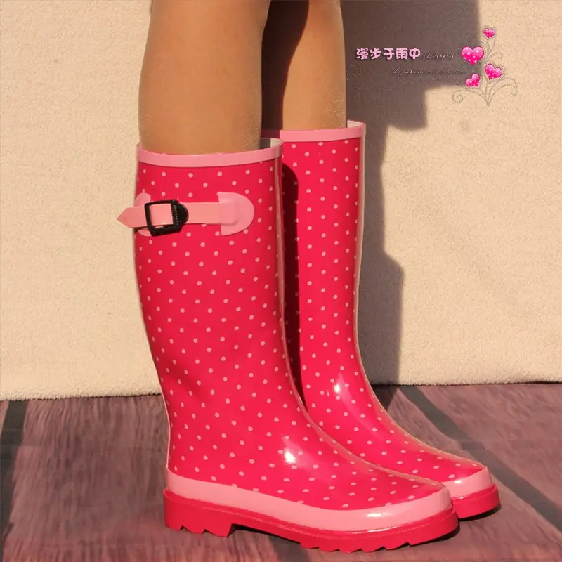 Pink polka dot strap buckle all match gaotong female boots water shoes